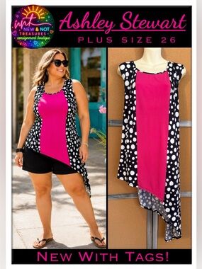 Ashley Stewart Plus Size 26 NWT Pink Polka Dot Asymmetrical Tunic Top Made USA